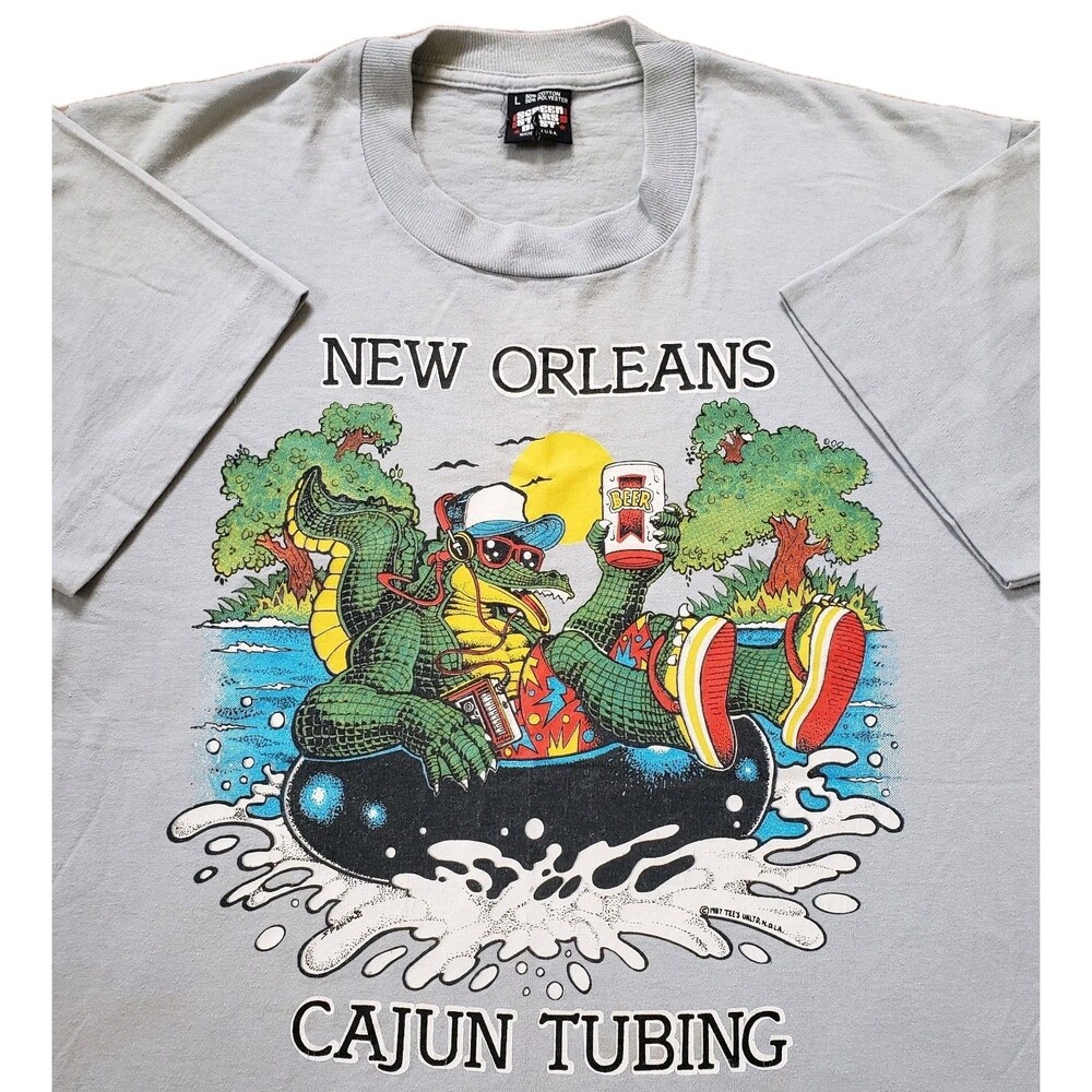Vintage 80s New Orleans Cajun Tubing Large Single Stitch USA Made Grey T-Shirt